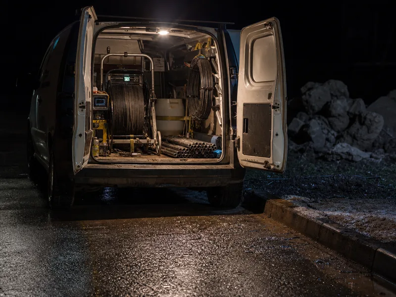 The open rear doors of an unmarked work van at night, a camera reel, coiled push cable and steel rods racked inside