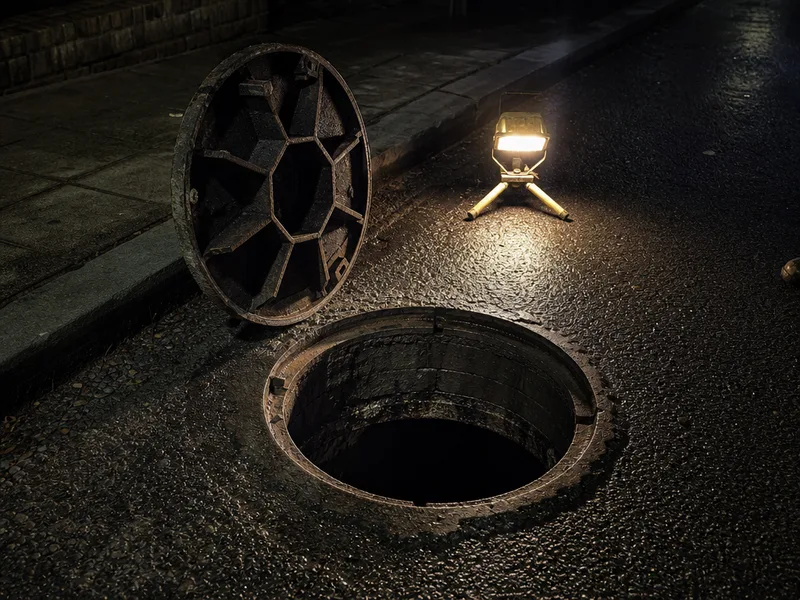 A heavy manhole cover lifted out of its frame and stood on edge beside the open shaft at night