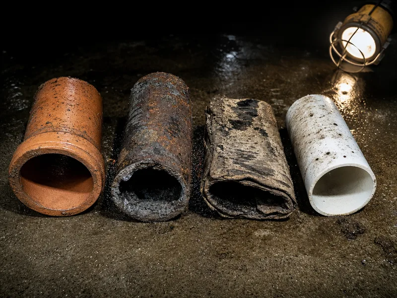 Four cut sample lengths of sewer pipe laid in a row on wet concrete, clay, cast iron, fiber conduit and plastic, each cut open so the bore shows