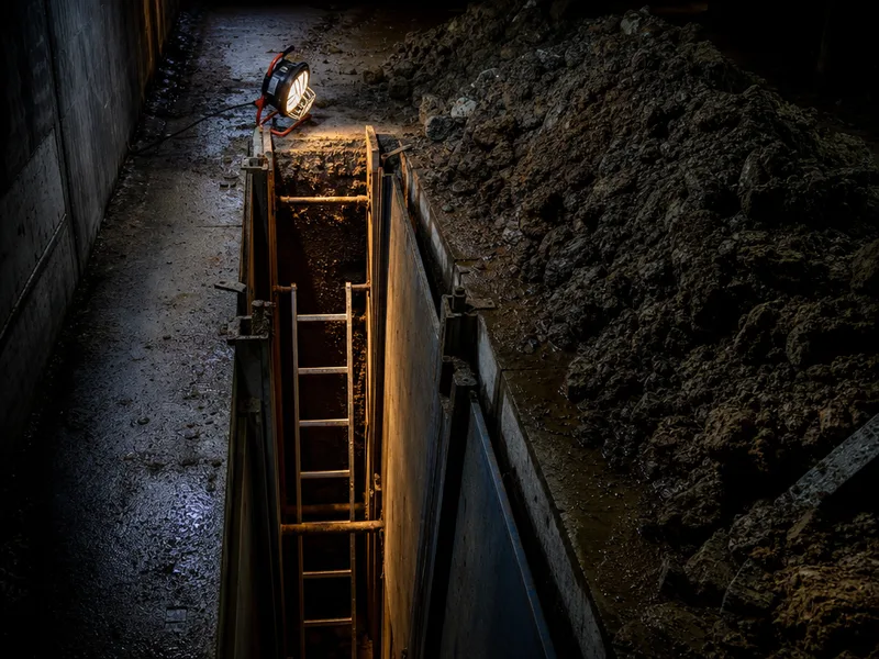 A deep trench held open with steel sheets, a ladder running down out of the frame