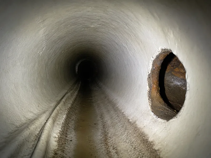 The inside of a cured resin liner seen from a camera, a fold running along one wall