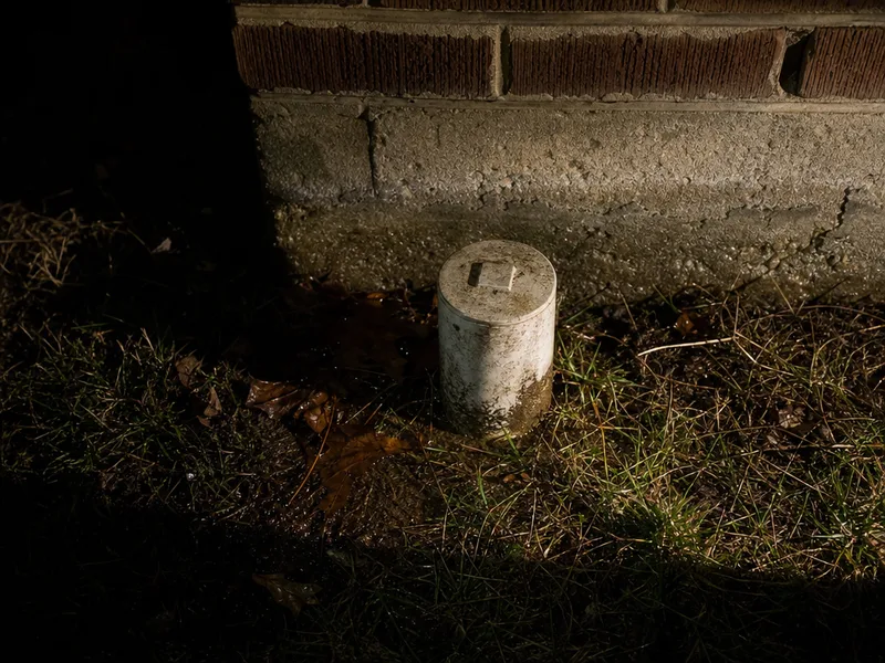 A short stub of white plastic drain pipe standing a few inches out of the grass beside a brick foundation, a screw-in plug in the top of it