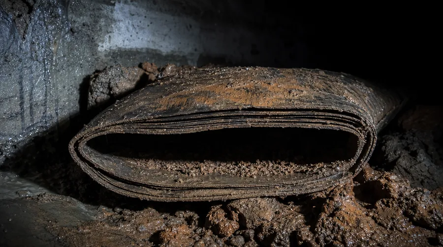 A length of Orangeburg fiber sewer pipe lifted out of a trench and crushed from a circle into a flat oval, its cut end delaminating into layers, resting on wet clay spoil