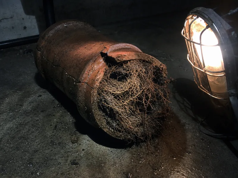 A mat of fine roots packed inside a cracked bell joint on a length of clay pipe