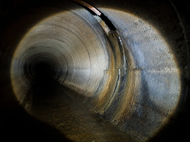 Water seeping through an open joint in a buried pipe, caught in a camera light