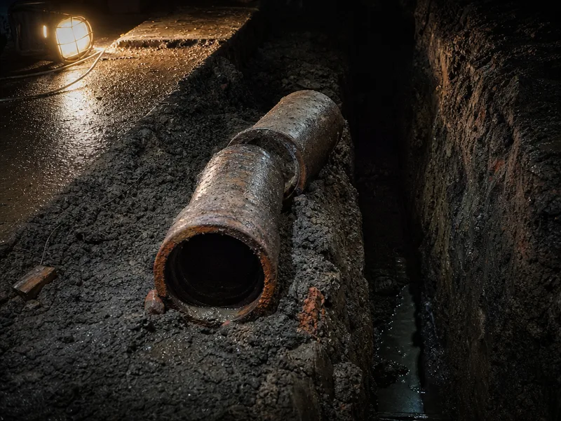 A short section of jointed clay pipe lifted out of a narrow trench in wet ground