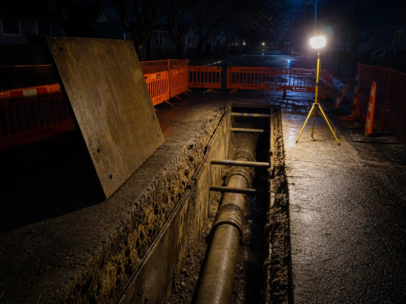 A street cut open over a sewer trench at night under a work lamp, with a plate ready to cover it
