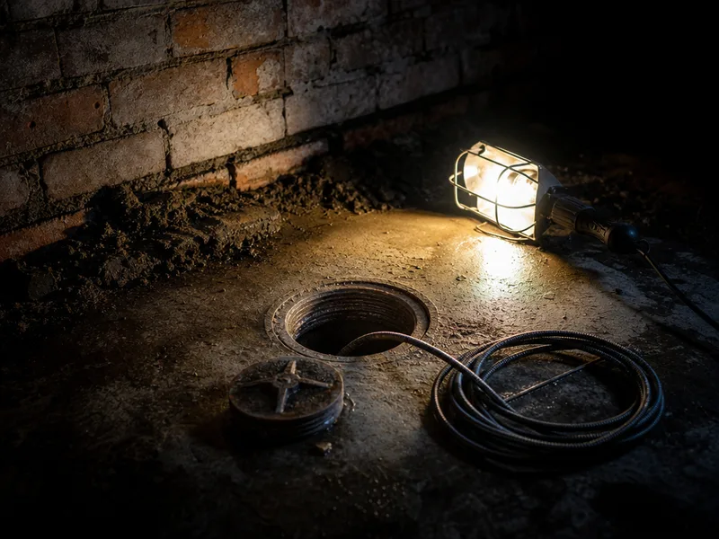 A cast iron cleanout opened in the floor of an old brick basement, with a push cable coiled beside it