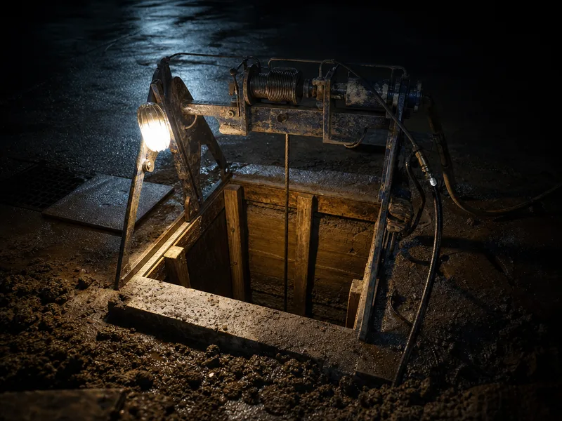 A hydraulic winch frame set over a narrow access pit, steel rod string running into the ground