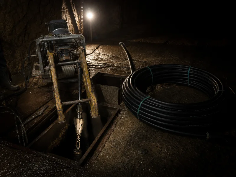 A hydraulic pipe bursting winch set over an access pit, with a coil of new HDPE pipe beside it
