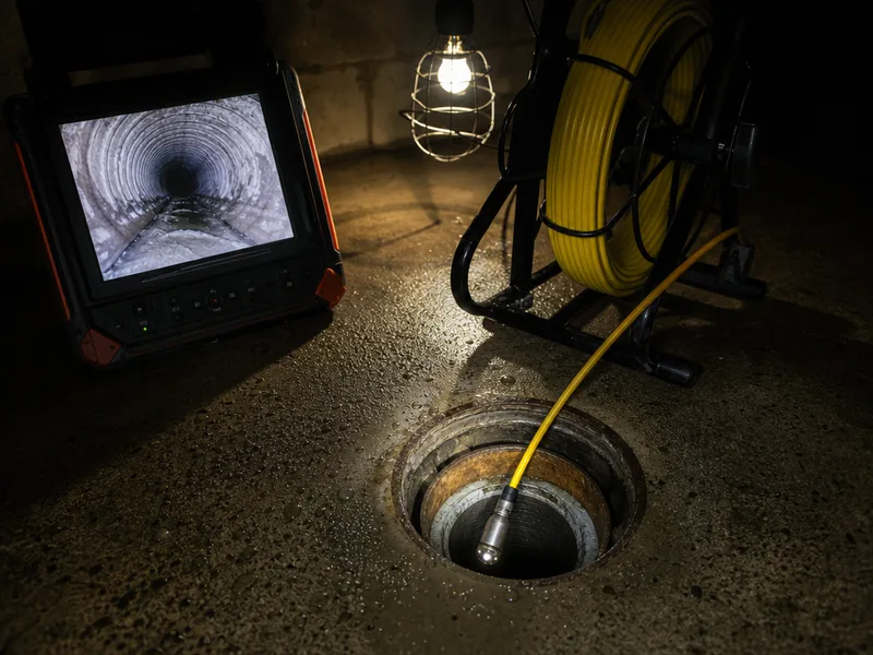 A sewer inspection camera on its push cable entering a basement floor cleanout, with the reel monitor showing the inside of the pipe