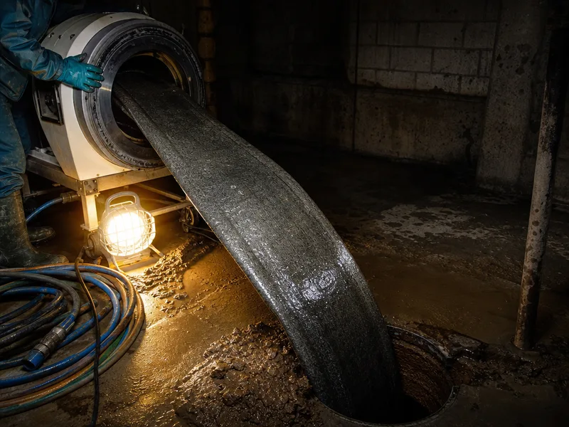 A resin-saturated liner being fed from an inversion drum into a sewer cleanout in a basement floor
